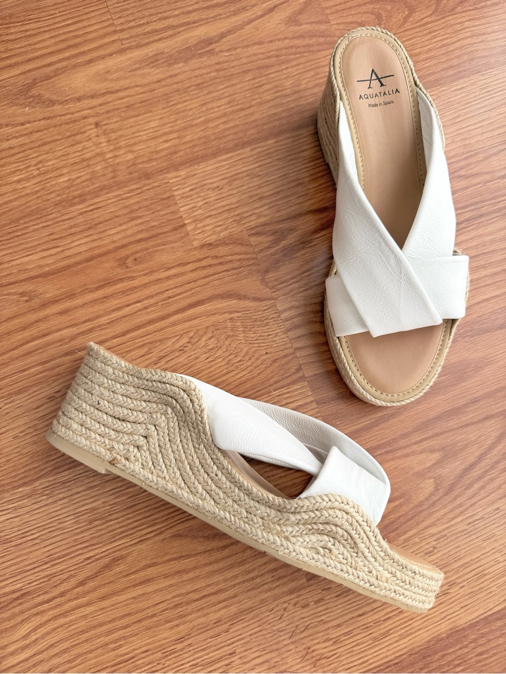 AQUATALIA WHITE LEATHER STRAP OPEN TOE PLATFORM ESPADRILLE WEDGES